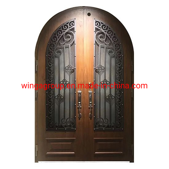 Arched Double Open Size with Shaped Glass Flower Security Metal Wrought Iron Forged Exterior Outside Entrance Front Appartment Villa Screen Door