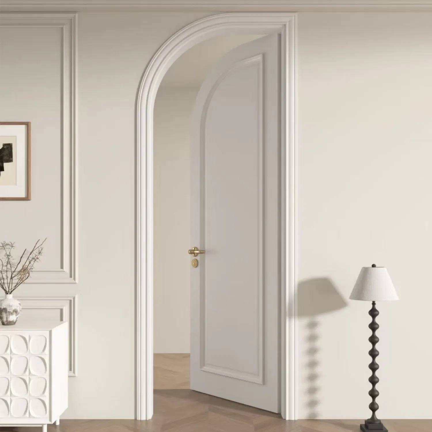 White Minimalist Arched Door, Solid Wood Composite Bathroom Door, Moisture-Proof and Wear-Resistant Factory Direct Supply