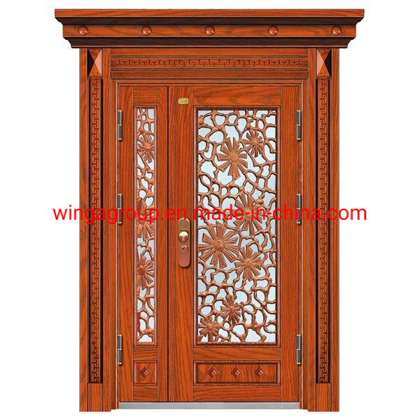 Wood Color with Art Glass Cheap Exterior Right Swing Security Wrought Iron Door Iron Front Entrance House Appartment Steel Door