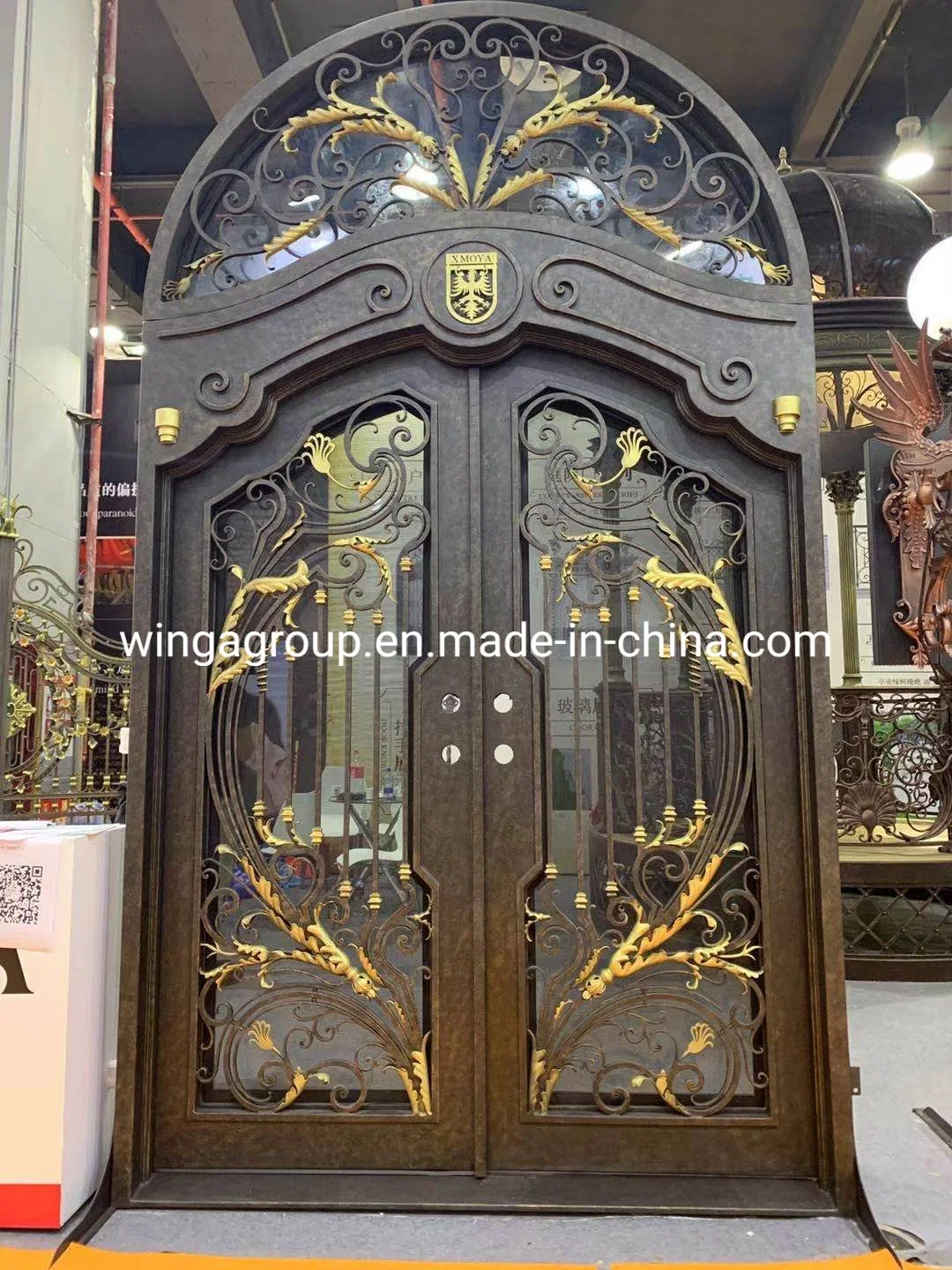 Eyebrow Design Wrought Iron Steel Glass Security Gate Door Custom New Design Arch Double Metal Entrance Wrought Iron Door with Transom