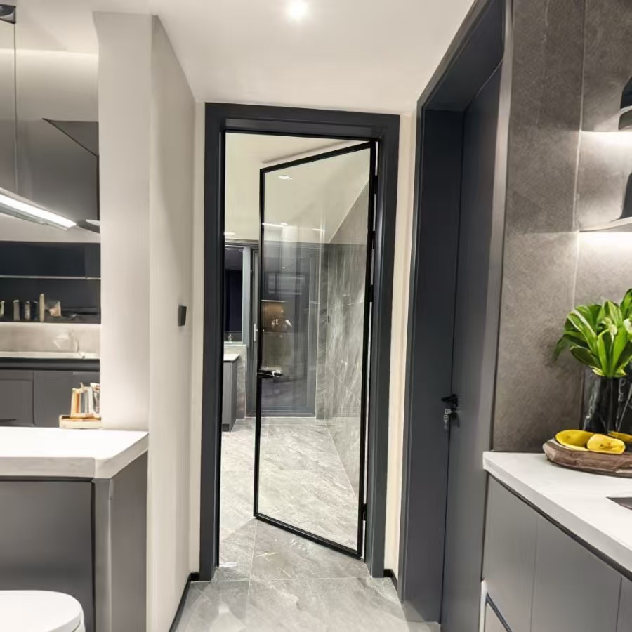 Narrow Frame Aluminum Bathroom Door Frosted Glass Side Open Design Moisture-Proof Bulk Orders