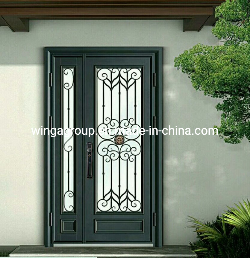 with Windows Wrought Iron Glass Outside Double Door Chineses Modern Exterior Wrought Iron Steel Main Entrance Doors Metal Security Steel Door for Houses