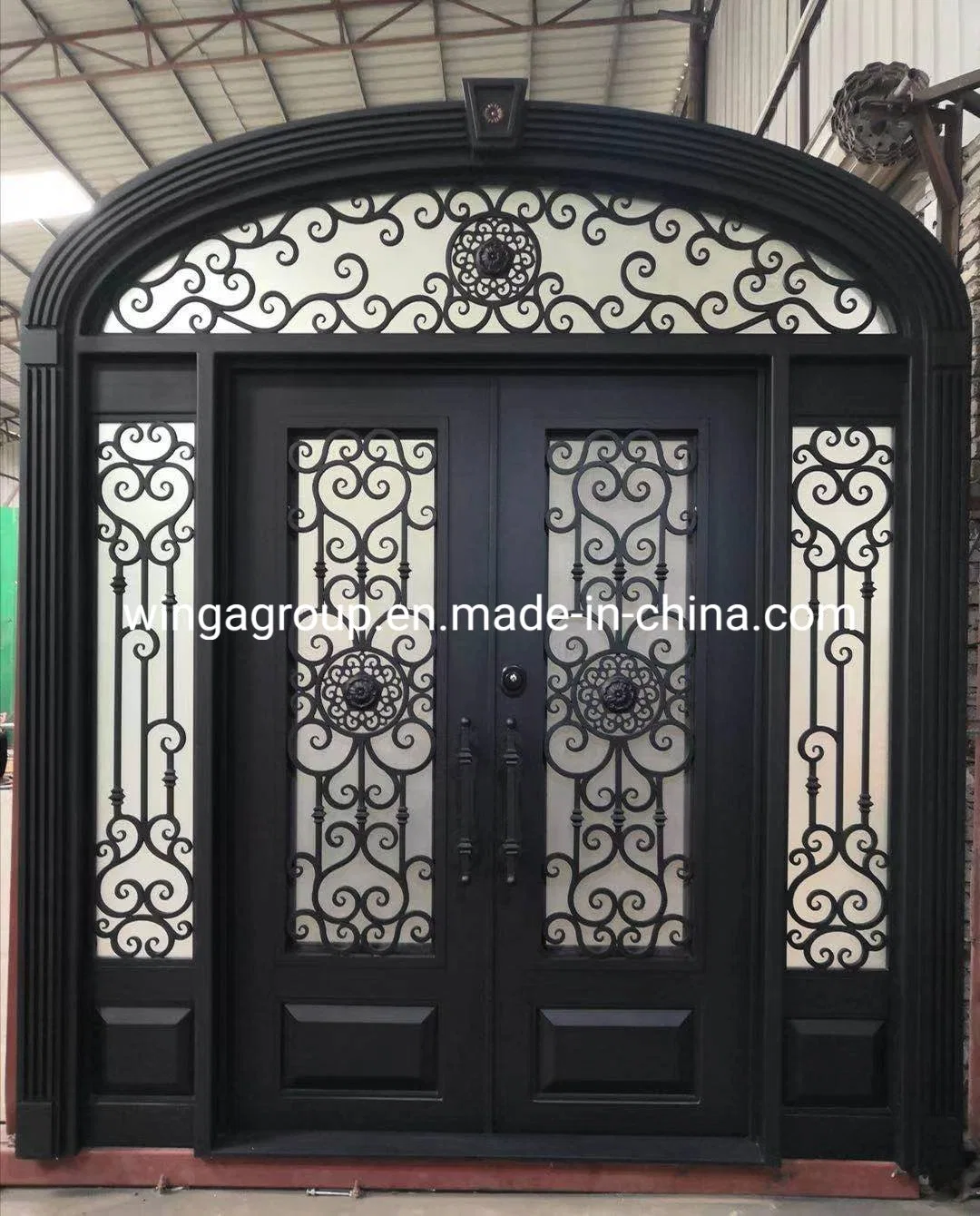 Eyebrow Design Wrought Iron Steel Glass Security Gate Door Custom New Design Arch Double Metal Entrance Wrought Iron Door with Transom