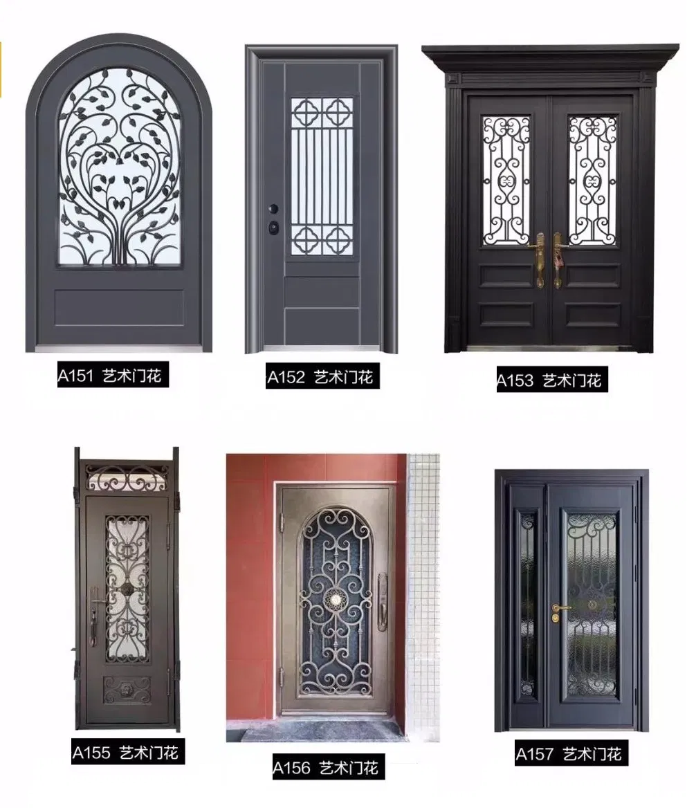 with Windows Wrought Iron Glass Outside Double Door Chineses Modern Exterior Wrought Iron Steel Main Entrance Doors Metal Security Steel Door for Houses