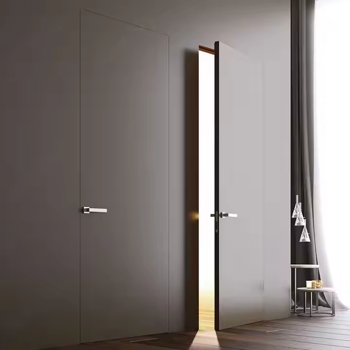 Modern Minimalist Invisible Aluminum Frame Interior Door Finished Flush Solid Door Design for Bedroom Hidden Room Fiberglass Screen