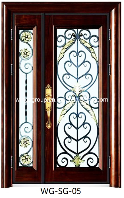 Single Wrought Iron Art Square Shape Iron Gate Steel Glass Security Outside House Door