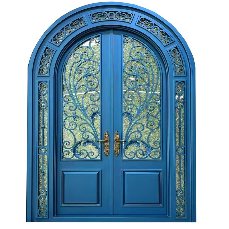Blue Color Double Front Entry Royal Style Wrought Steel Iron Metal Security Glass Doulbe Security Door with Lock
