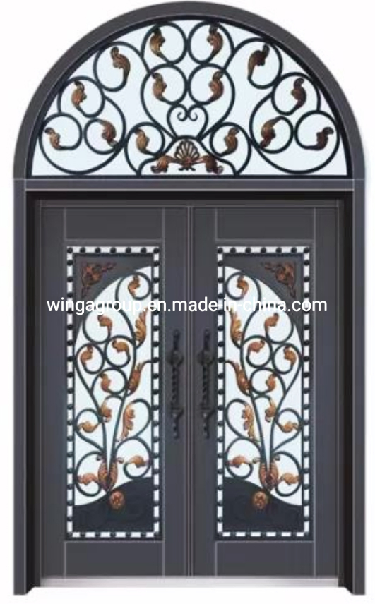 with Windows Wrought Iron Glass Outside Double Door Chineses Modern Exterior Wrought Iron Steel Main Entrance Doors Metal Security Steel Door for Houses