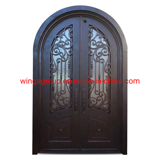 Arched Double Open Size with Shaped Glass Flower Security Metal Wrought Iron Forged Exterior Outside Entrance Front Appartment Villa Screen Door