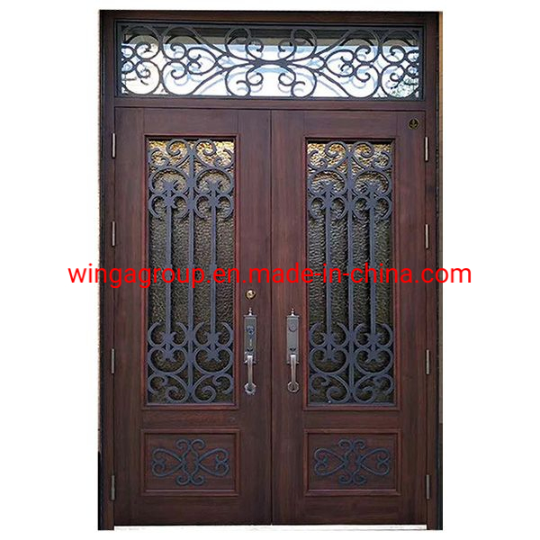 Wood Color with Art Glass Cheap Exterior Right Swing Security Wrought Iron Door Iron Front Entrance House Appartment Steel Door