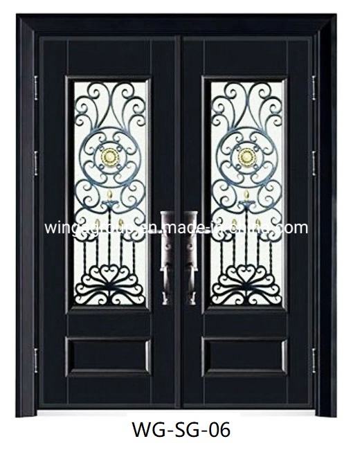 Double Open Size Custom Wrought Iron Square Design with Glass Iron Security Metal Door