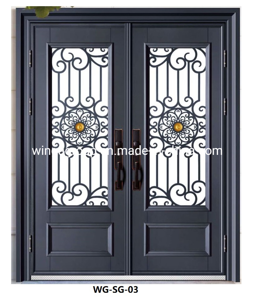 Single Wrought Iron Art Square Shape Iron Gate Steel Glass Security Outside House Door