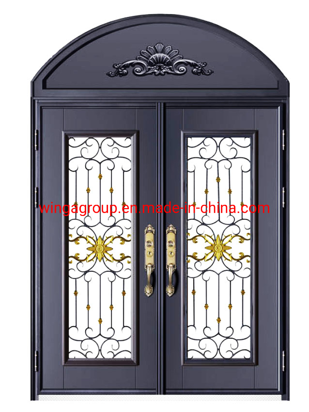 Arched Double Open Size with Shaped Glass Flower Security Metal Wrought Iron Forged Exterior Outside Entrance Front Appartment Villa Screen Door
