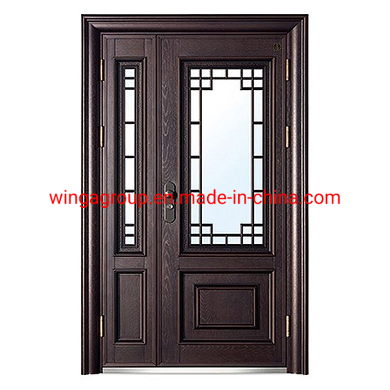 Wood Color with Art Glass Cheap Exterior Right Swing Security Wrought Iron Door Iron Front Entrance House Appartment Steel Door
