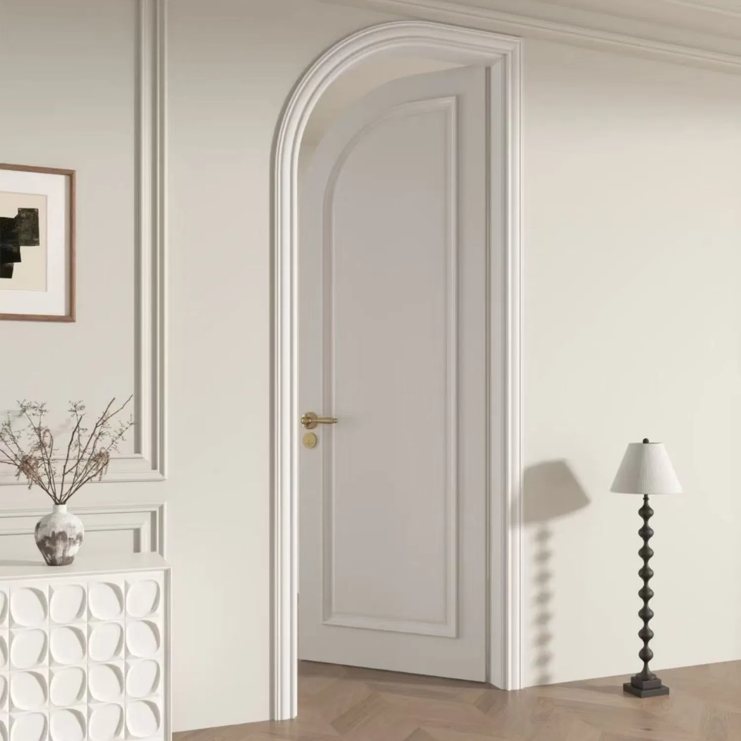 White Minimalist Arched Door, Solid Wood Composite Bathroom Door, Moisture-Proof and Wear-Resistant Factory Direct Supply