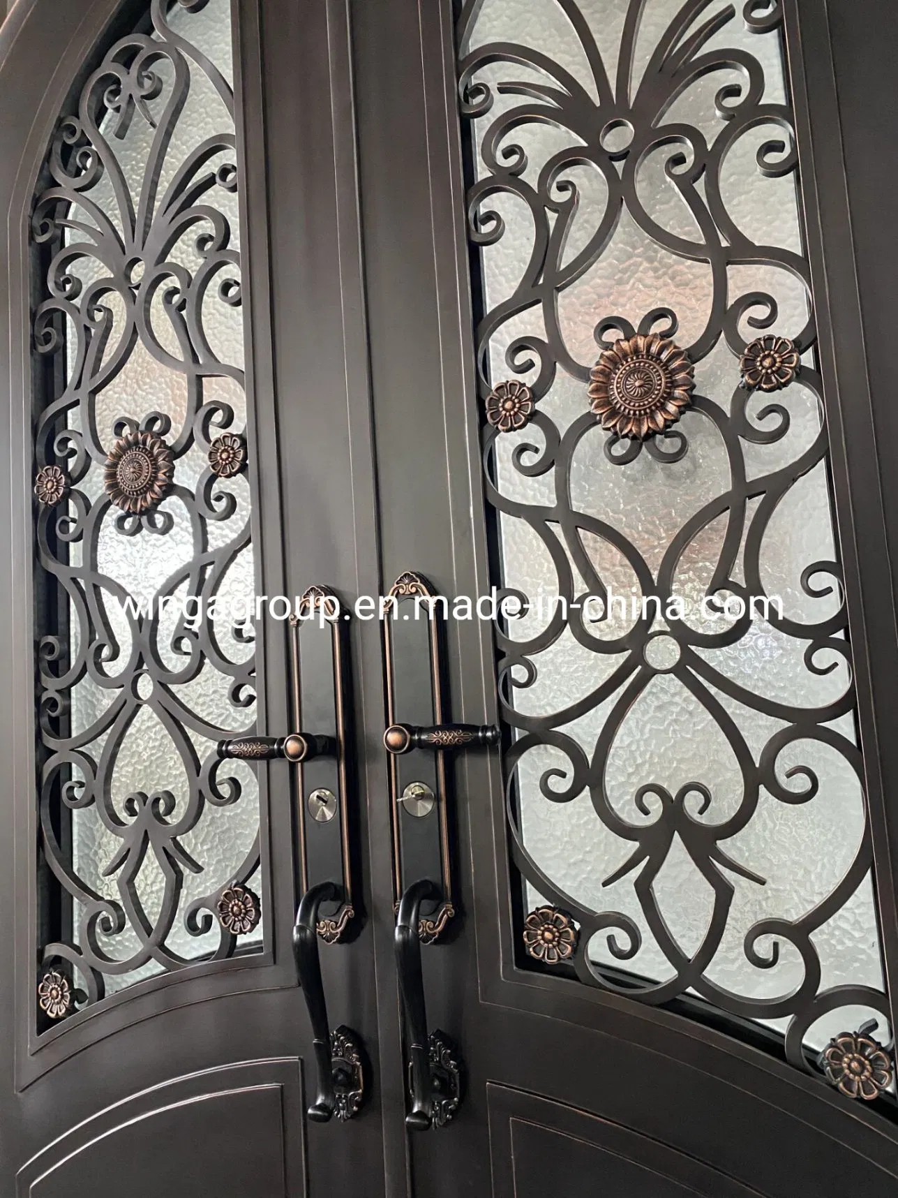 Eyebrow Design Wrought Iron Steel Glass Security Gate Door Custom New Design Arch Double Metal Entrance Wrought Iron Door with Transom