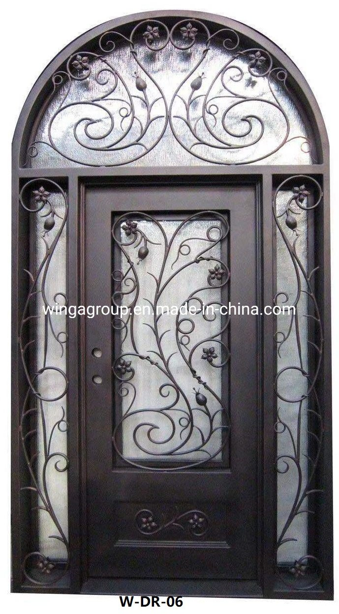 Eyebrow Design Wrought Iron Steel Glass Security Gate Door Custom New Design Arch Double Metal Entrance Wrought Iron Door with Transom
