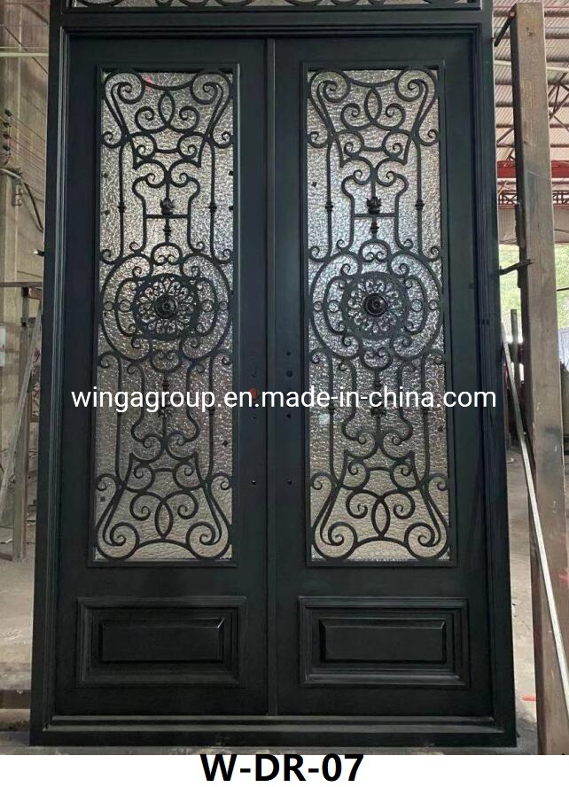 Double Open Size Custom Wrought Iron Square Design with Glass Iron Security Metal Door