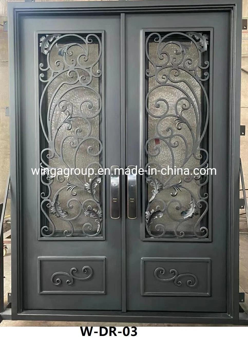 Single Wrought Iron Art Square Shape Iron Gate Steel Glass Security Outside House Door