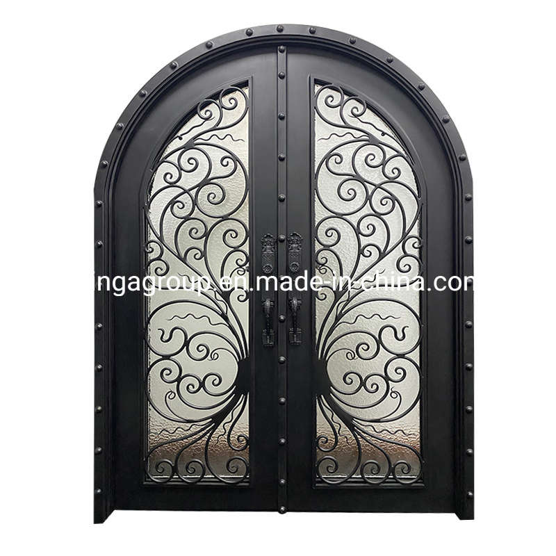 Arc Shaped Exterior Front Entry Double Security Steel Metal Wrought Iron Glass Gate Door
