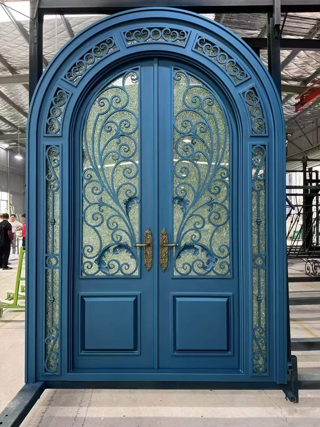 Blue Color Double Front Entry Royal Style Wrought Steel Iron Metal Security Glass Doulbe Security Door with Lock