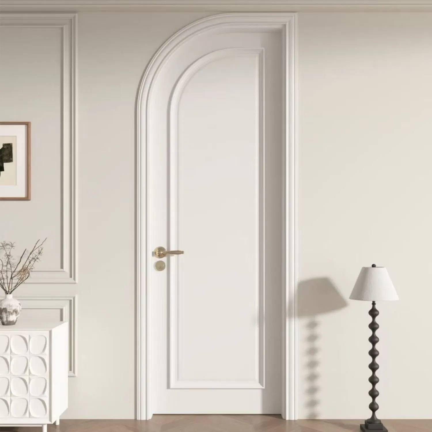 White Minimalist Arched Door, Solid Wood Composite Bathroom Door, Moisture-Proof and Wear-Resistant Factory Direct Supply