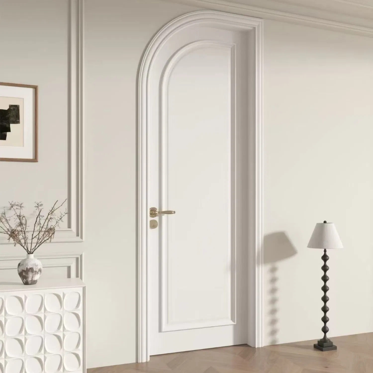 White Minimalist Arched Door, Solid Wood Composite Bathroom Door, Moisture-Proof and Wear-Resistant Factory Direct Supply