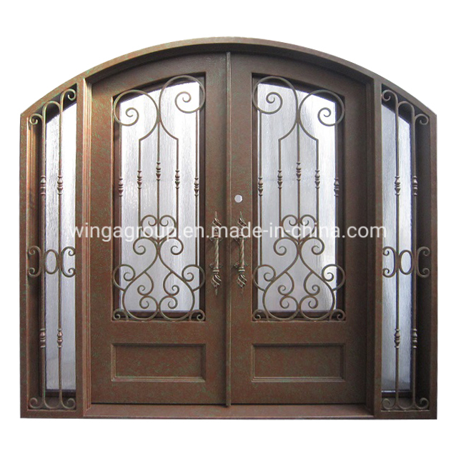 Blue Color Double Front Entry Royal Style Wrought Steel Iron Metal Security Glass Doulbe Security Door with Lock
