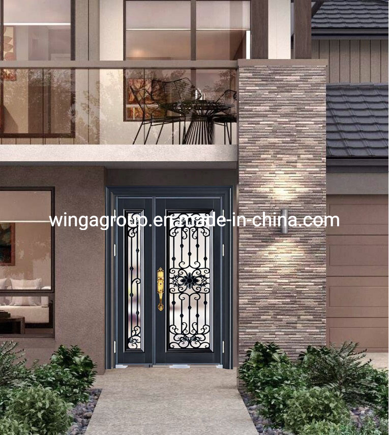 with Windows Wrought Iron Glass Outside Double Door Chineses Modern Exterior Wrought Iron Steel Main Entrance Doors Metal Security Steel Door for Houses