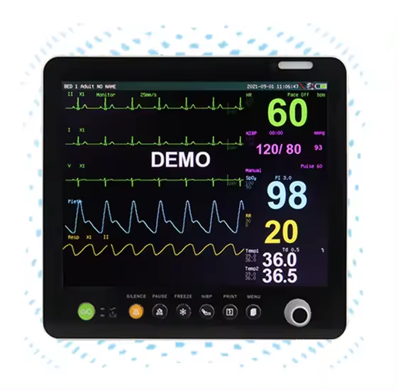 Monitoreo de pacientes en UCI móvil médica, presión arterial, oximetros de pulso, monitor multiparamétrico, electrocardiograma, forma de onda