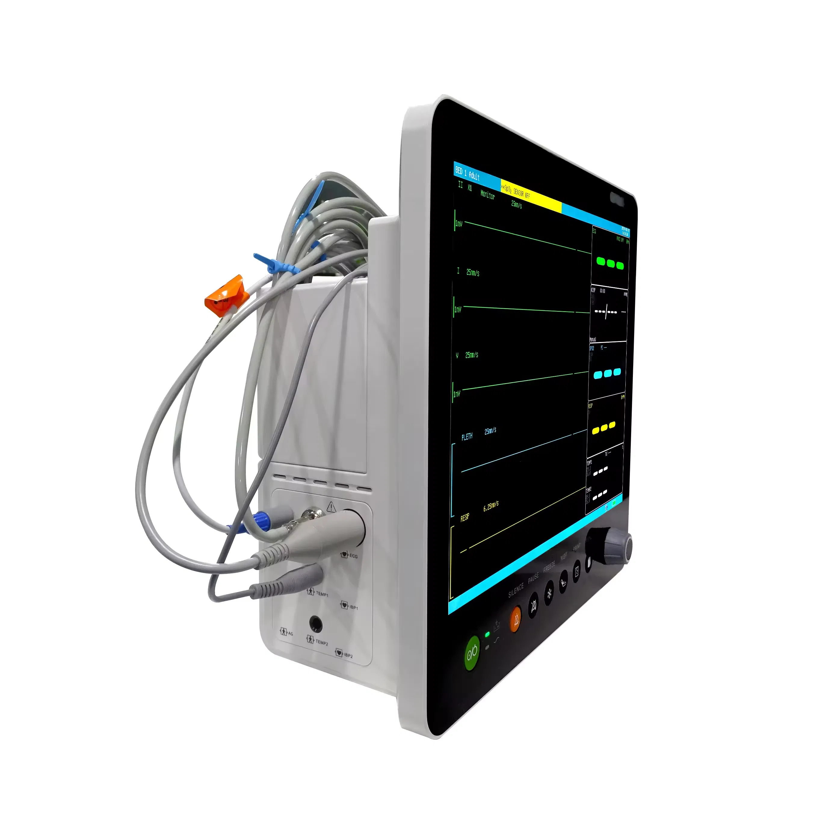 Monitoreo de pacientes en UCI móvil médica, presión arterial, oximetros de pulso, monitor multiparamétrico, electrocardiograma, forma de onda