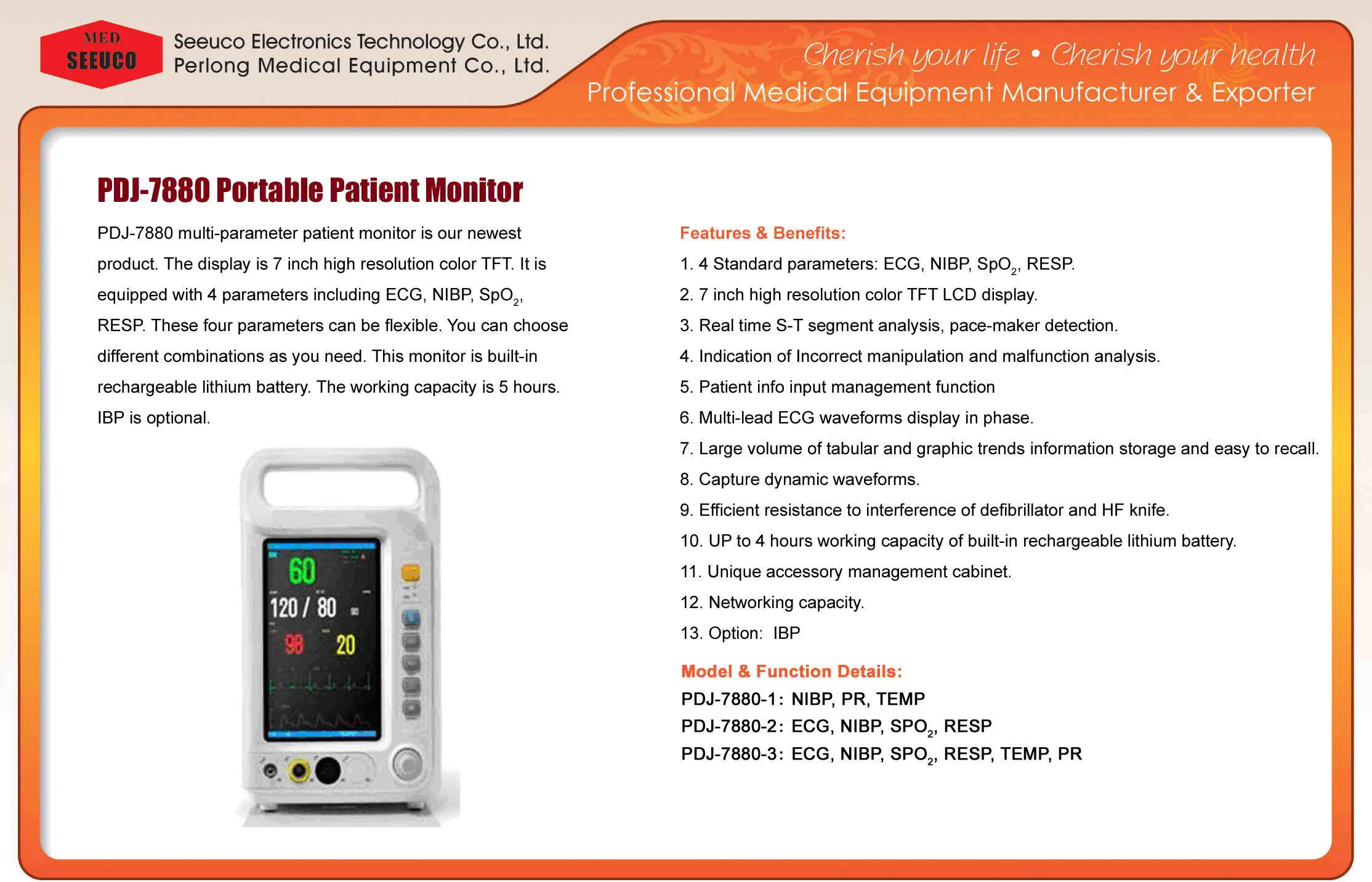 Aprobación Ce/ISO Monitor de Paciente Multíparametro Pdj-7880