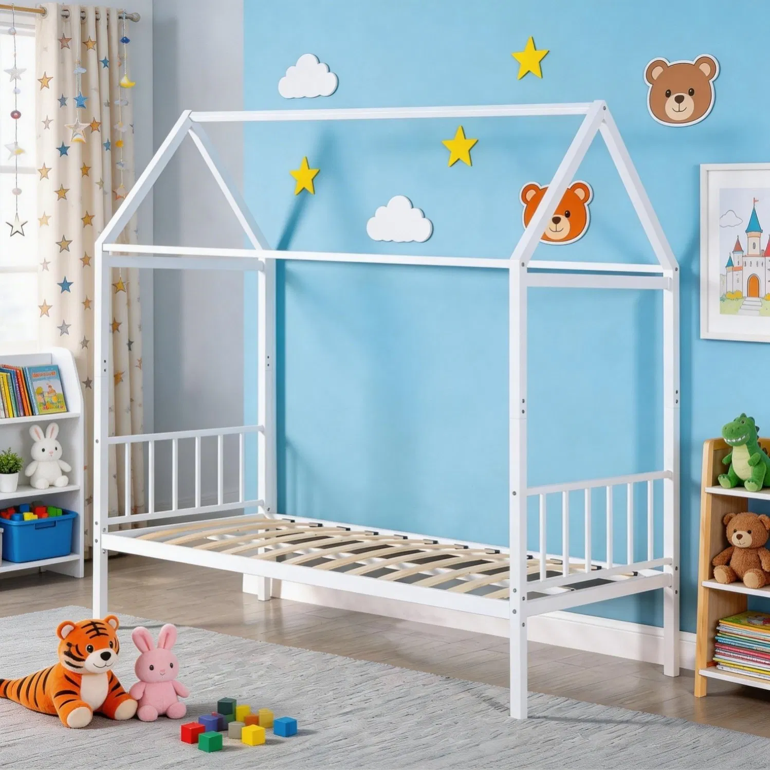 Toddler House Bed Frame with Low Profile Platform and Anti Roll out Edge Protection