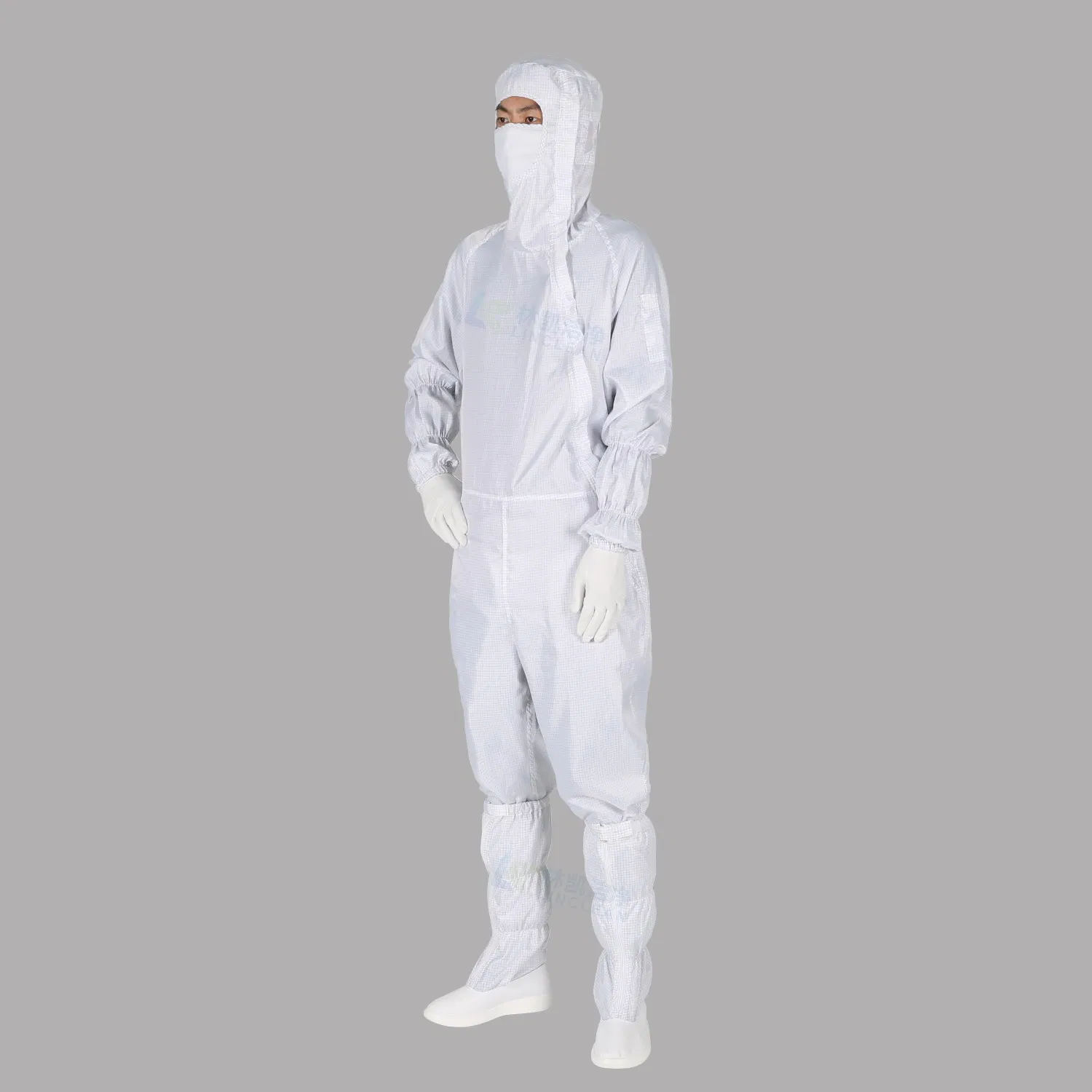 White 5mm Grid Side Zipper Dust Free Unisex Anti Static Hooded Cleanroom Work Clothes ESD Garment