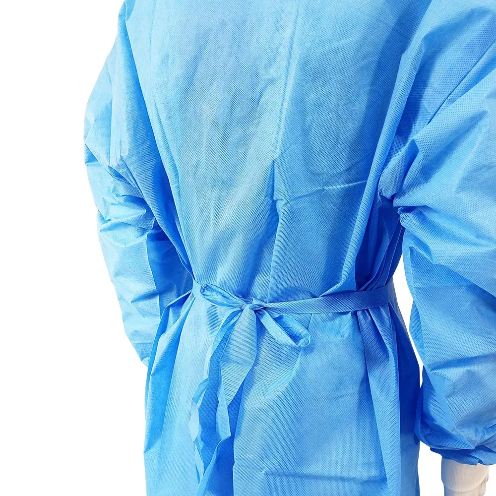 High Performance Blue Color Long Sleeve Disposable Poly Coated SMS Chemotherapy Isolation Gown for Patient