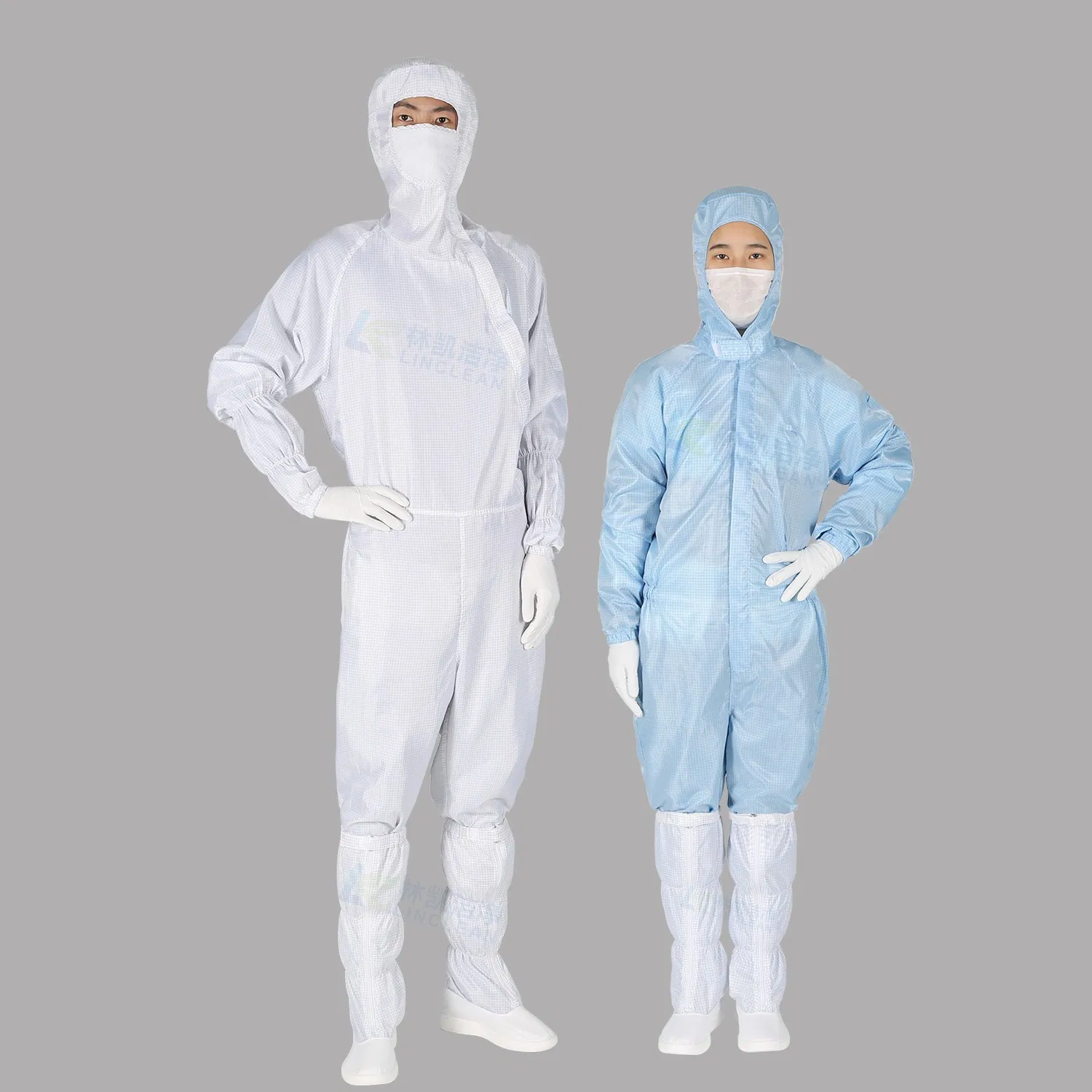 White 5mm Grid Side Zipper Dust Free Unisex Anti Static Hooded Cleanroom Work Clothes ESD Garment