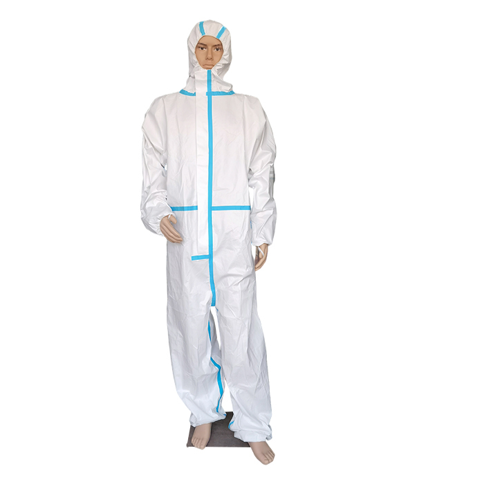 ISO 13688 Type 4b Disposable Chemical Protection Full Body Protective Clothing Coverall PPE Hospital Anti Bacteria Suit with Hood &amp; Sealed Tape