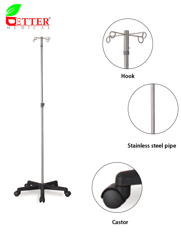 Medical Furniture 4 Hooks Stainless Steel IV Stand for Infusion