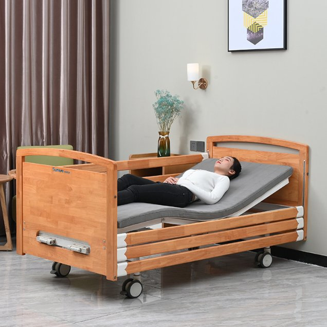 High Quality 3 Functions Standing Electric ICU Nursing Bed Heathcare Furniture Hospital Wooden Adjustable Bed with Mattress and Frame
