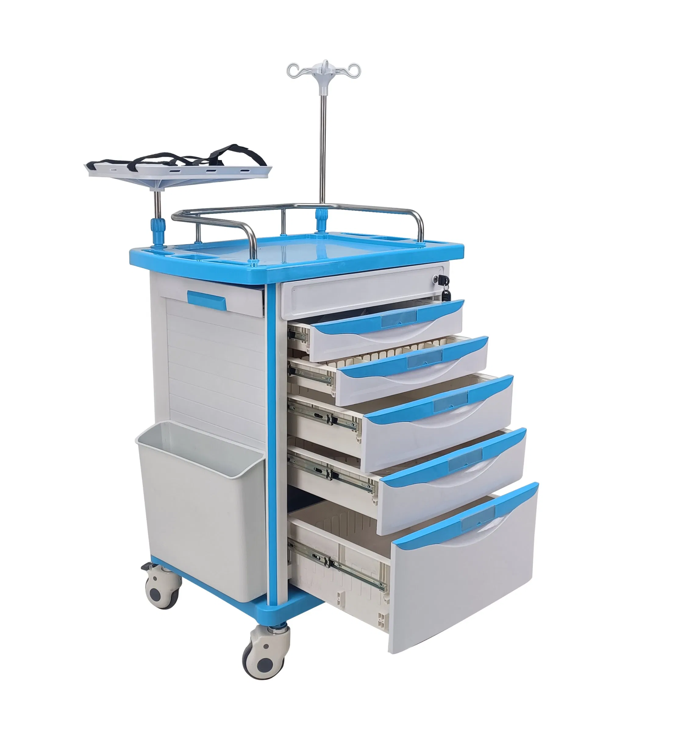 Medical Crash Cart Cardiac Board IV Pole O2 Holder Power Strip Trash Bin Drawers Dividers Mobile Emergency Cart
