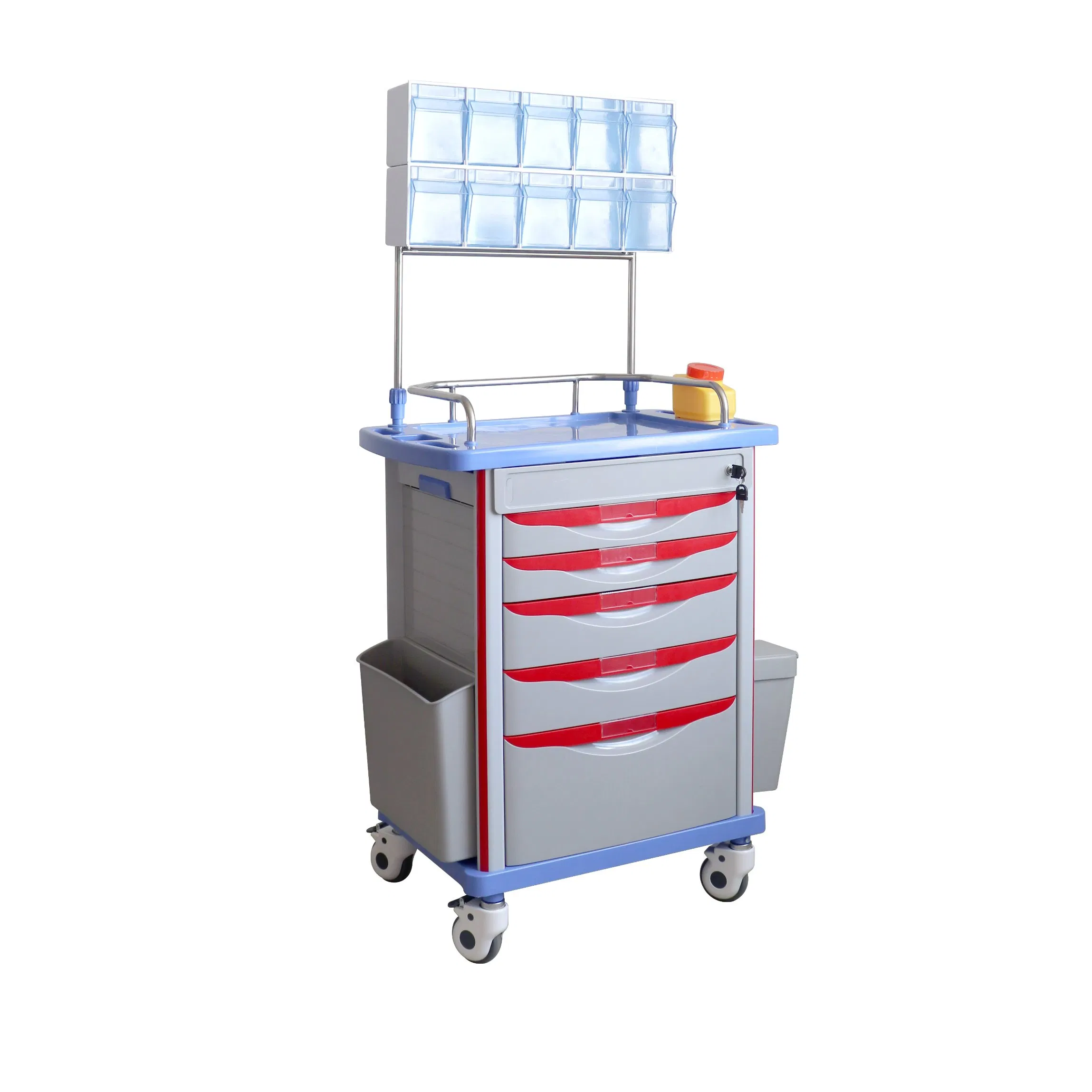 Medical Crash Cart Cardiac Board IV Pole O2 Holder Power Strip Trash Bin Drawers Dividers Mobile Emergency Cart