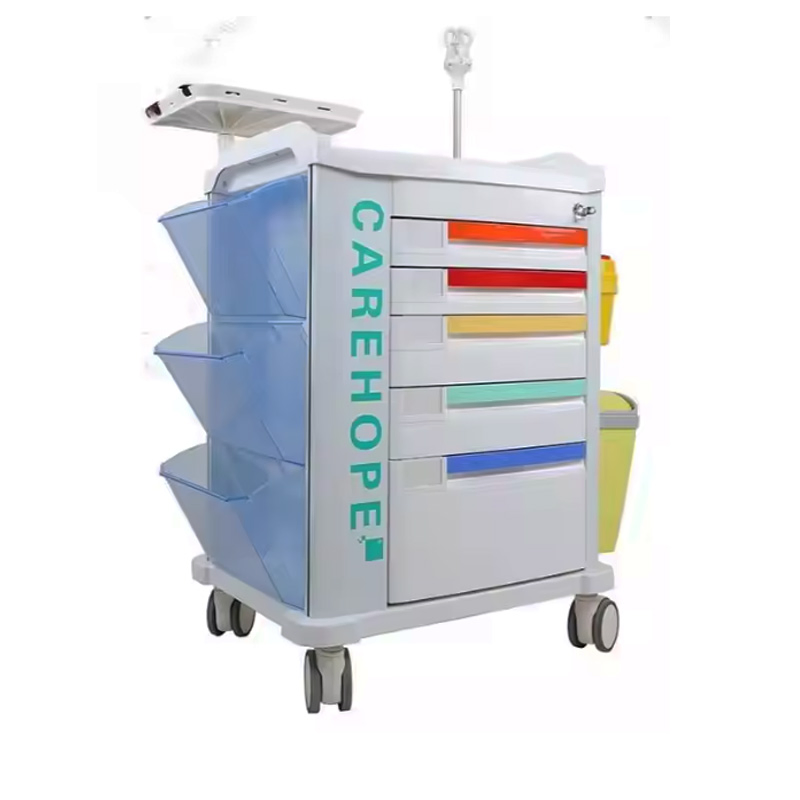 ABS Hospital Crash Cart with Defibrillator Medical Emergency Trolley with Drawers