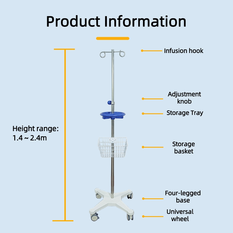 Portable Stainless Steel Infusion Stand 5-Legs Hospital Hooks IV Pole Drip Stand Height Adjustable Medical
