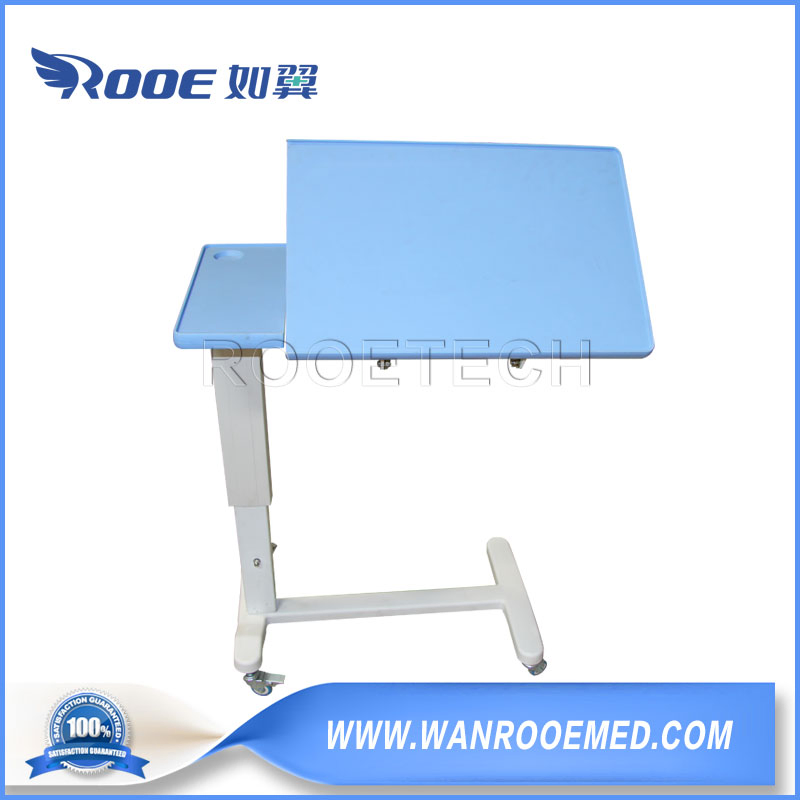 Hospital Furniture Mobile Overbed Table with ABS Material Tiltable 2 Sections Tabletop