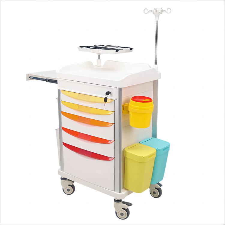 Medical Crash Cart Cardiac Board IV Pole O2 Holder Power Strip Trash Bin Drawers Dividers Mobile Emergency Cart