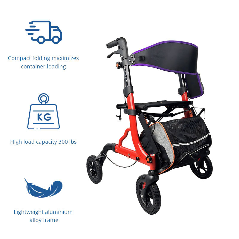 Lightweight Aluminum Rollator Seat Storage Bag Height Adjustable for Elderly Seniors-Mobility Aid