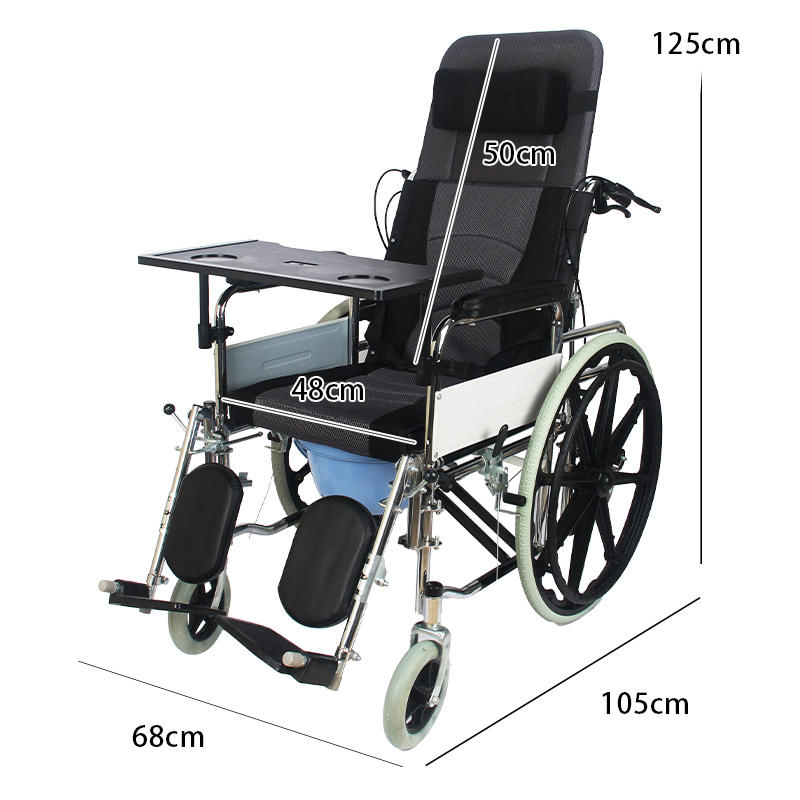 Factory Wholesale High Back Reclining Steel Commode Wheelchair, Detachable Armrest, Detachable Elevating Legrest