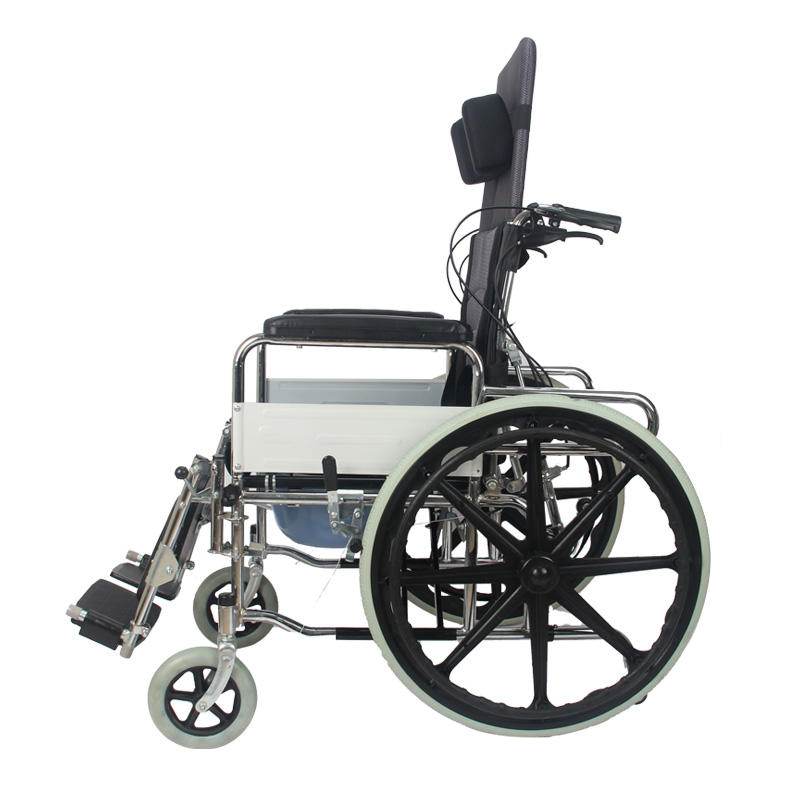 Factory Wholesale High Back Reclining Steel Commode Wheelchair, Detachable Armrest, Detachable Elevating Legrest