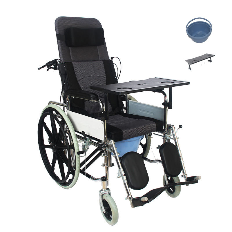 Factory Wholesale High Back Reclining Steel Commode Wheelchair, Detachable Armrest, Detachable Elevating Legrest