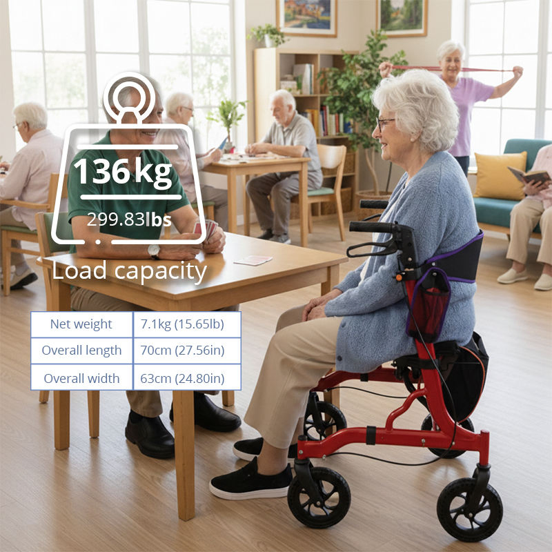 Lightweight Aluminum Rollator Seat Storage Bag Height Adjustable for Elderly Seniors-Mobility Aid